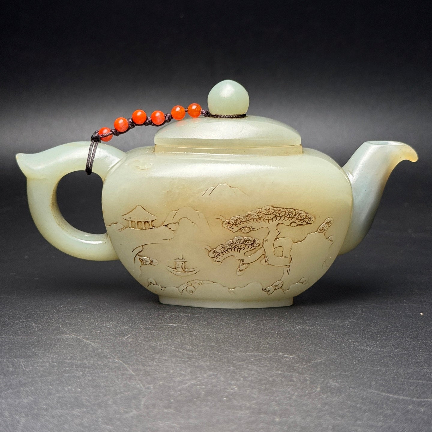 A1704 Vintage Chinese Hetian Jade Low Relief Figure Teapot