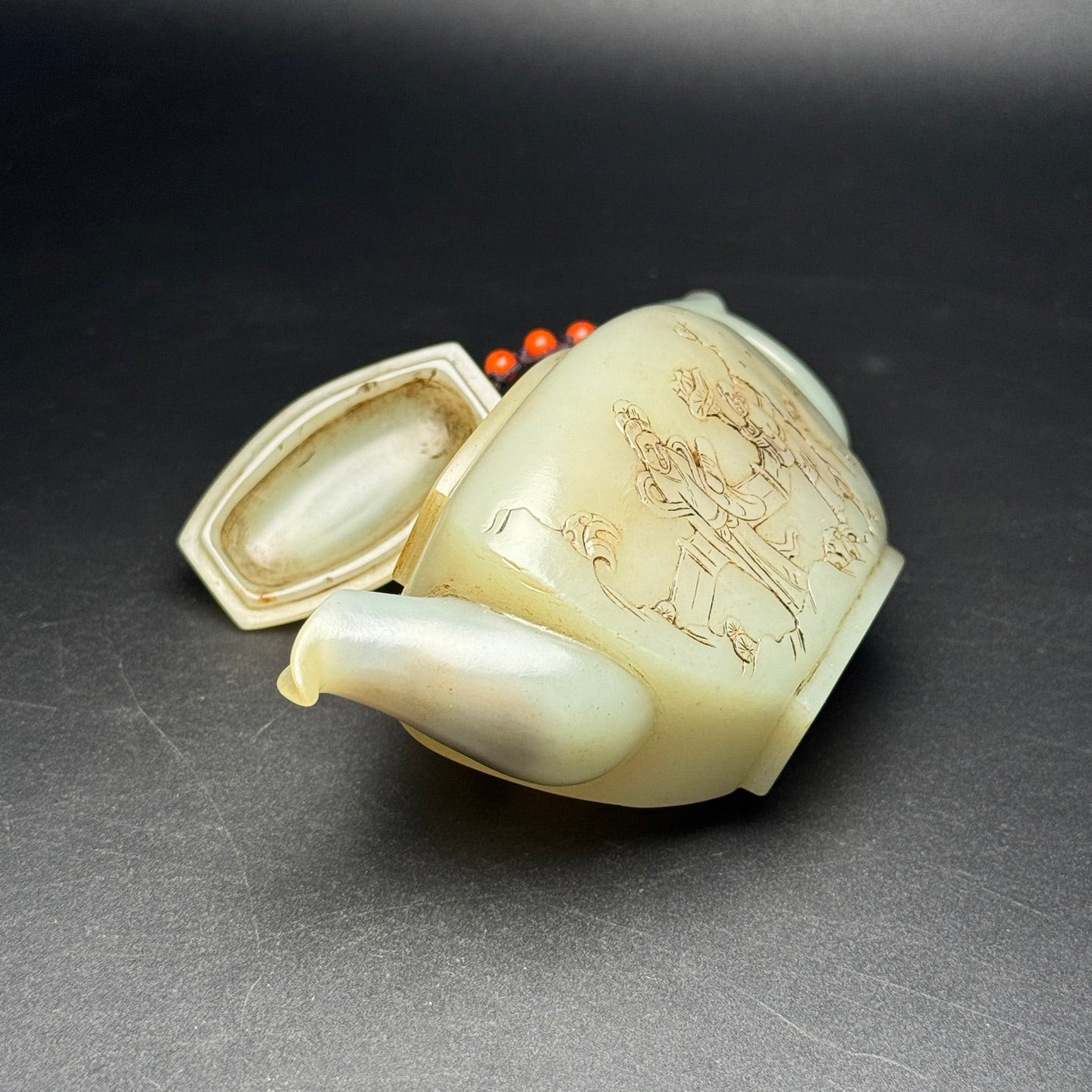 A1704 Vintage Chinese Hetian Jade Low Relief Figure Teapot