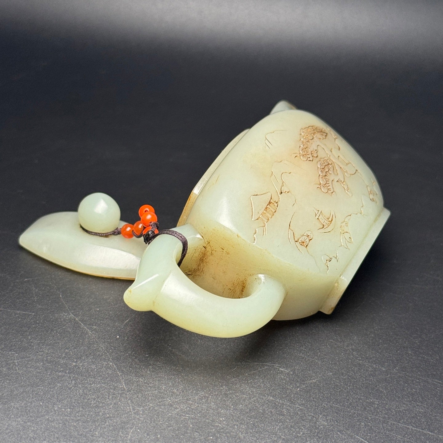 A1704 Vintage Chinese Hetian Jade Low Relief Figure Teapot