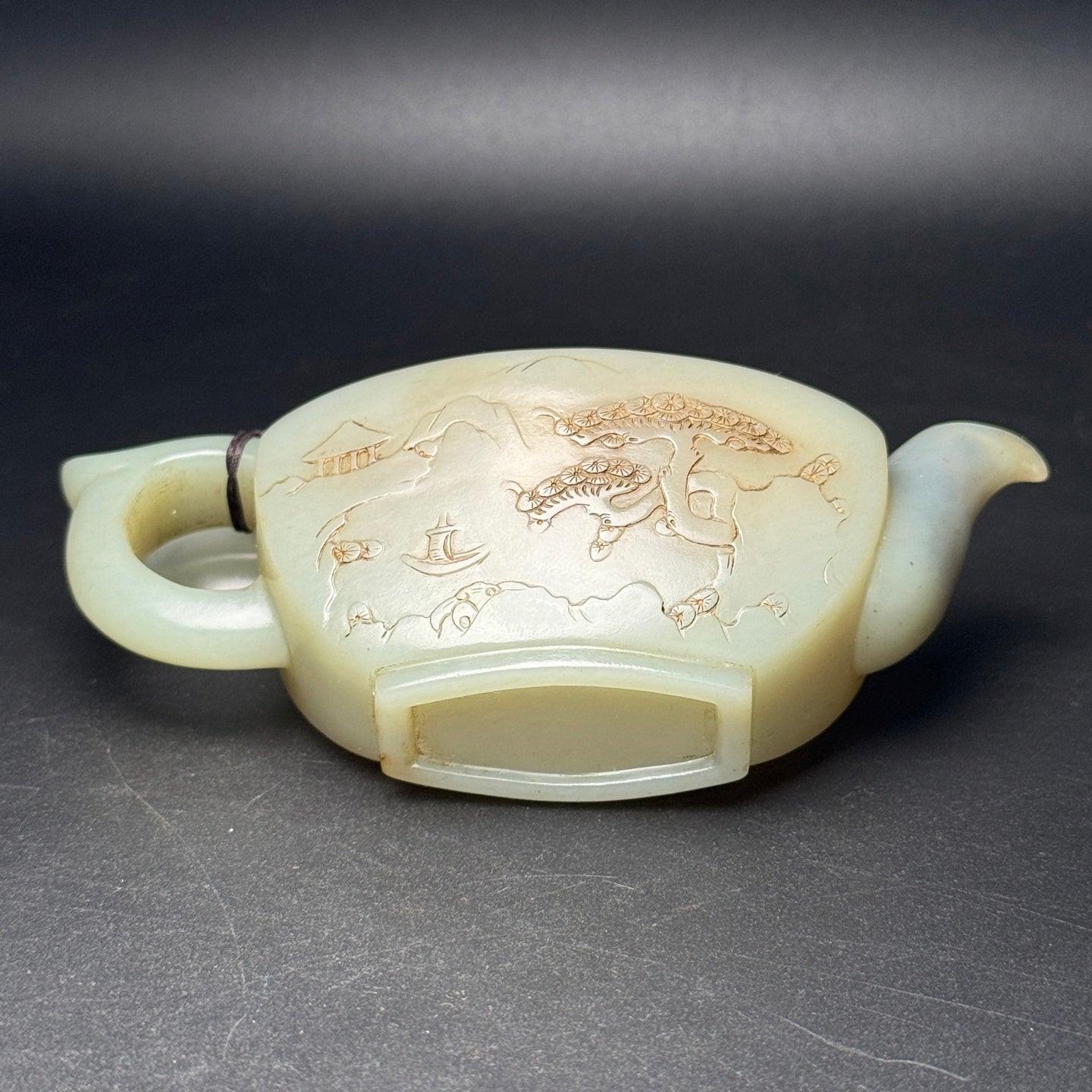 A1704 Vintage Chinese Hetian Jade Low Relief Figure Teapot