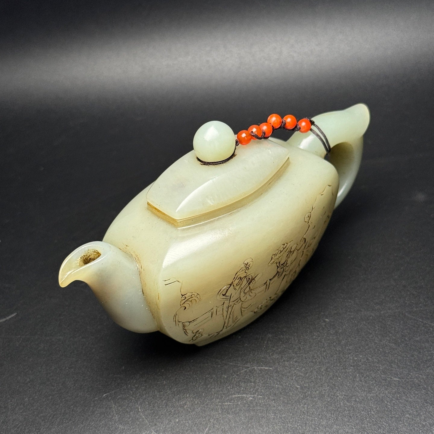 A1704 Vintage Chinese Hetian Jade Low Relief Figure Teapot