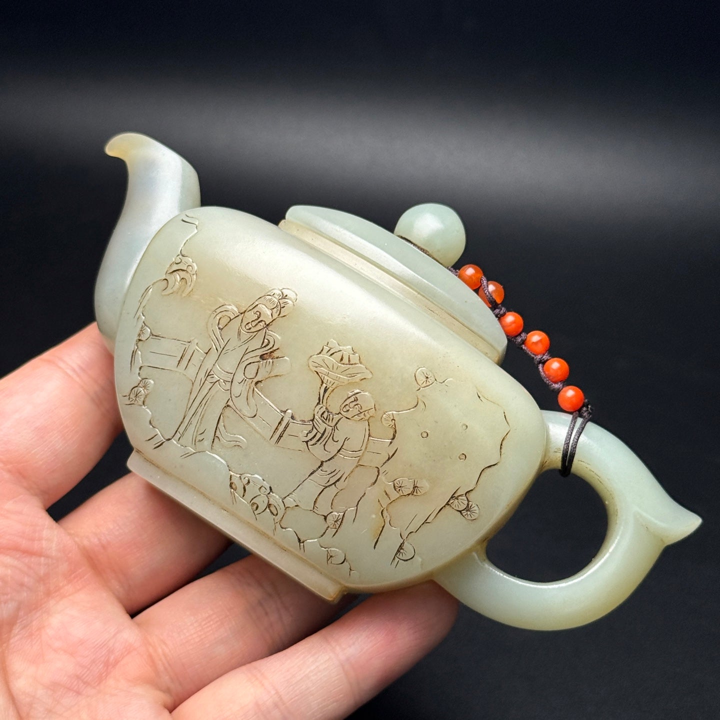 A1704 Vintage Chinese Hetian Jade Low Relief Figure Teapot