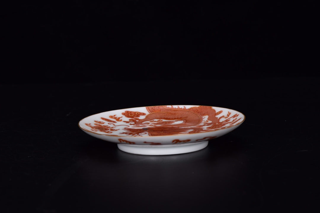 A1705 Chinese Qing Dynasty Gilt Edge Iron Red Glaze Clouds Dragon Design Porcelain Plate