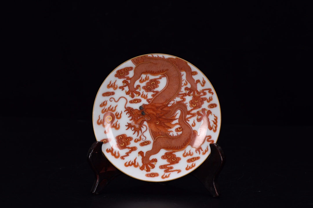 A1705 Chinese Qing Dynasty Gilt Edge Iron Red Glaze Clouds Dragon Design Porcelain Plate