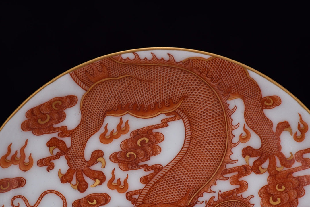 A1705 Chinese Qing Dynasty Gilt Edge Iron Red Glaze Clouds Dragon Design Porcelain Plate