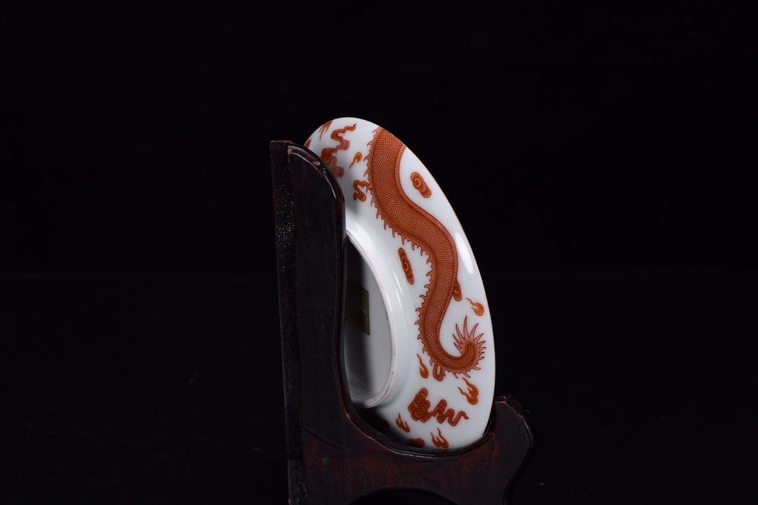 A1705 Chinese Qing Dynasty Gilt Edge Iron Red Glaze Clouds Dragon Design Porcelain Plate
