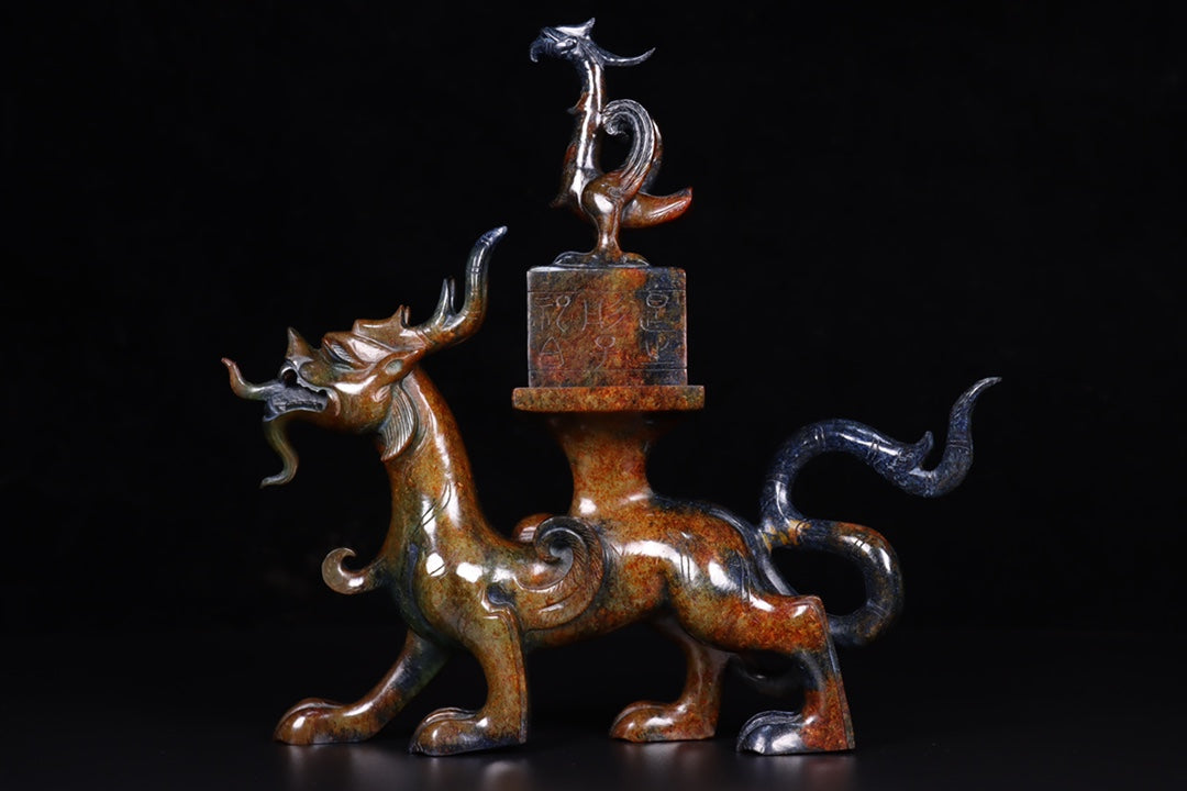 A1709 Vintage Chinese Hetian Jade Carved Dragon Phoenix Seal Statue