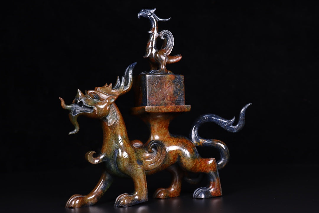 A1709 Vintage Chinese Hetian Jade Carved Dragon Phoenix Seal Statue