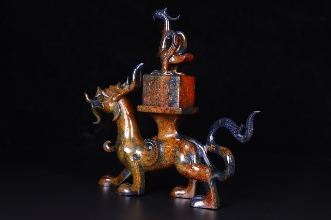 A1709 Vintage Chinese Hetian Jade Carved Dragon Phoenix Seal Statue