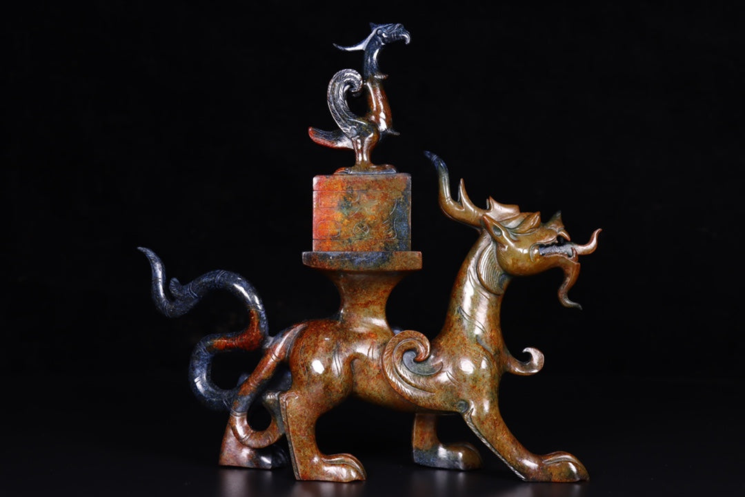 A1709 Vintage Chinese Hetian Jade Carved Dragon Phoenix Seal Statue