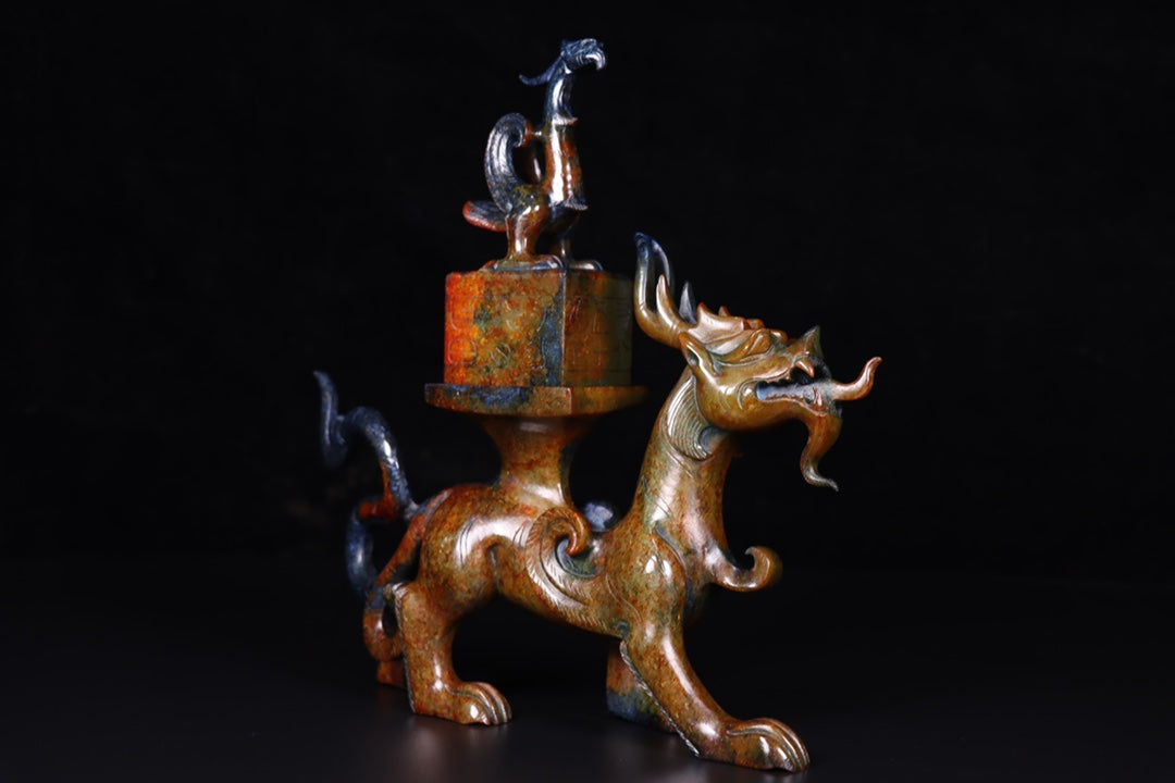 A1709 Vintage Chinese Hetian Jade Carved Dragon Phoenix Seal Statue