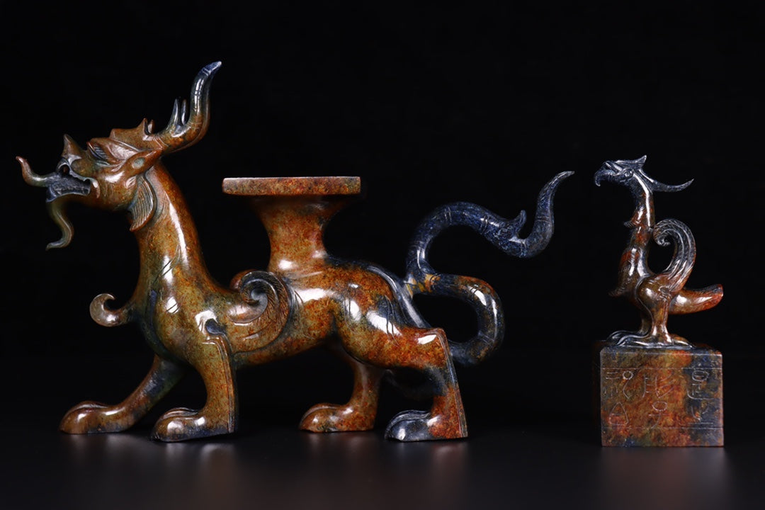 A1709 Vintage Chinese Hetian Jade Carved Dragon Phoenix Seal Statue