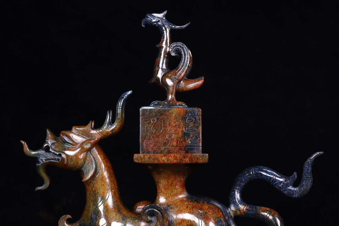 A1709 Vintage Chinese Hetian Jade Carved Dragon Phoenix Seal Statue