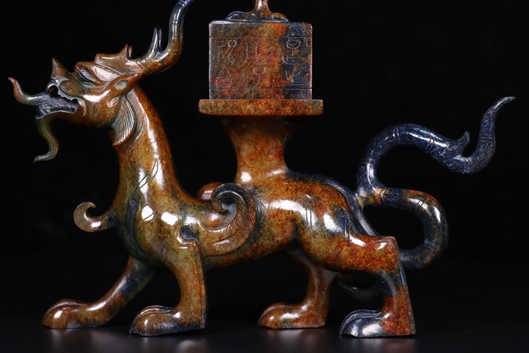 A1709 Vintage Chinese Hetian Jade Carved Dragon Phoenix Seal Statue