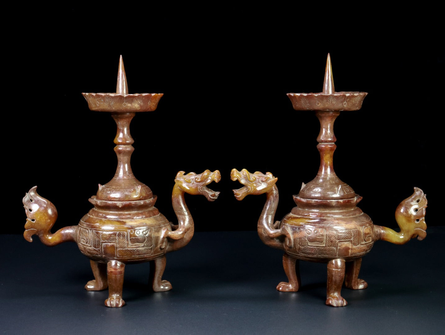 A1728 A Pair Vintage Chinese Hetian Jade Carved Fortune Dragon Candlestick