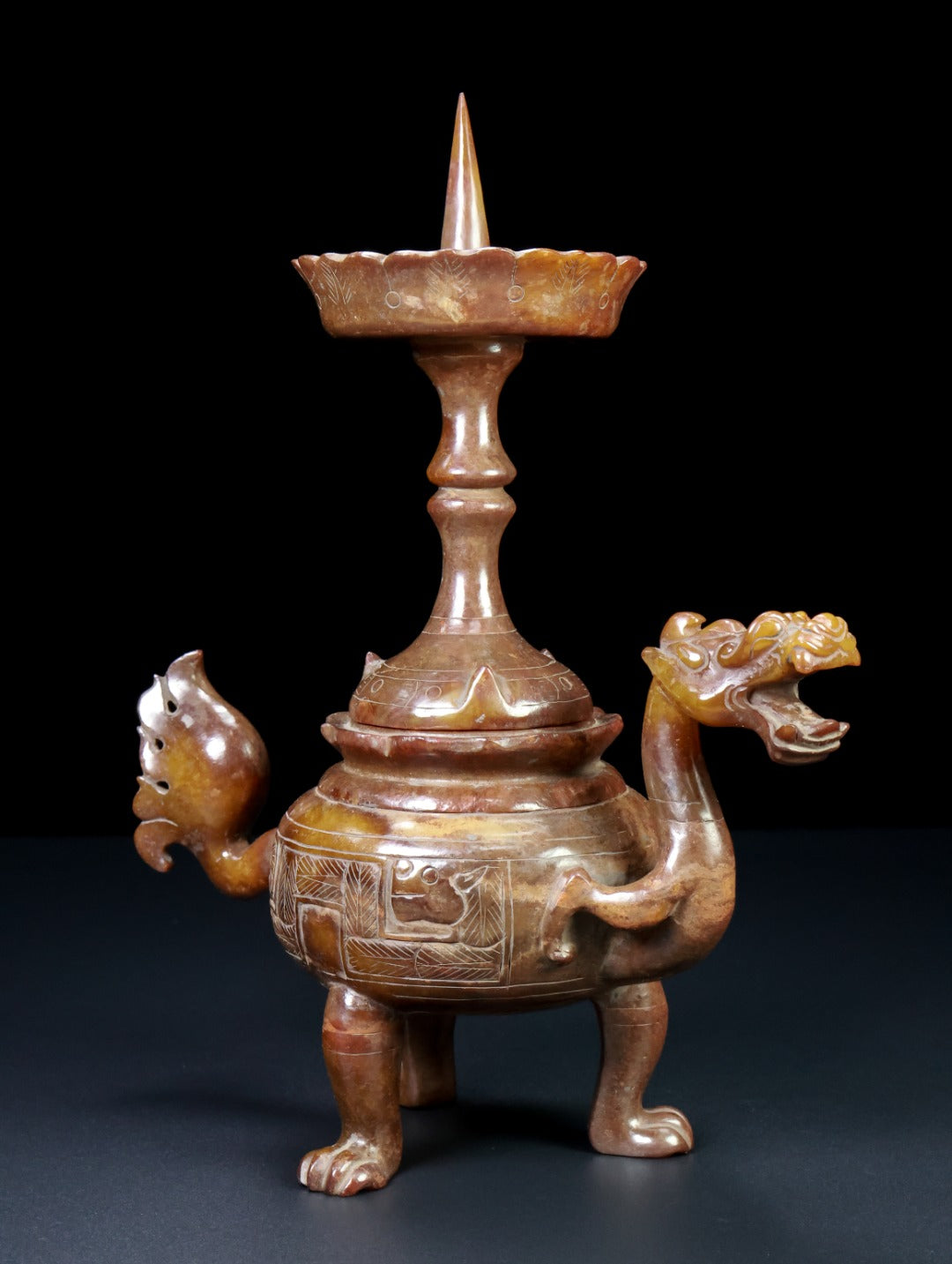 A1728 A Pair Vintage Chinese Hetian Jade Carved Fortune Dragon Candlestick