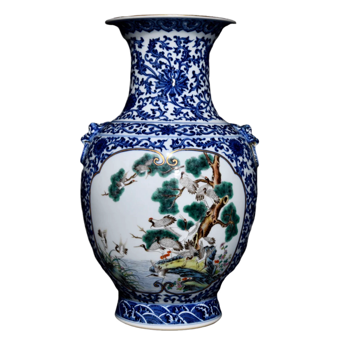 A1732 Chinese Qing Dynasty Blue And White Porcelain Pine Tree & Crane Design Porcelain Vase