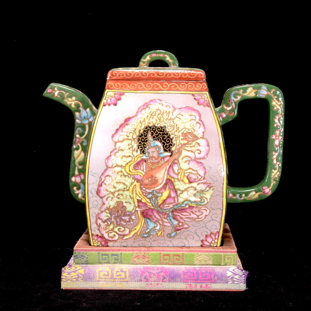A1734 Chinese Famille Rose Yixing Zisha Clay Figure Design Teapot w Artist Signed
