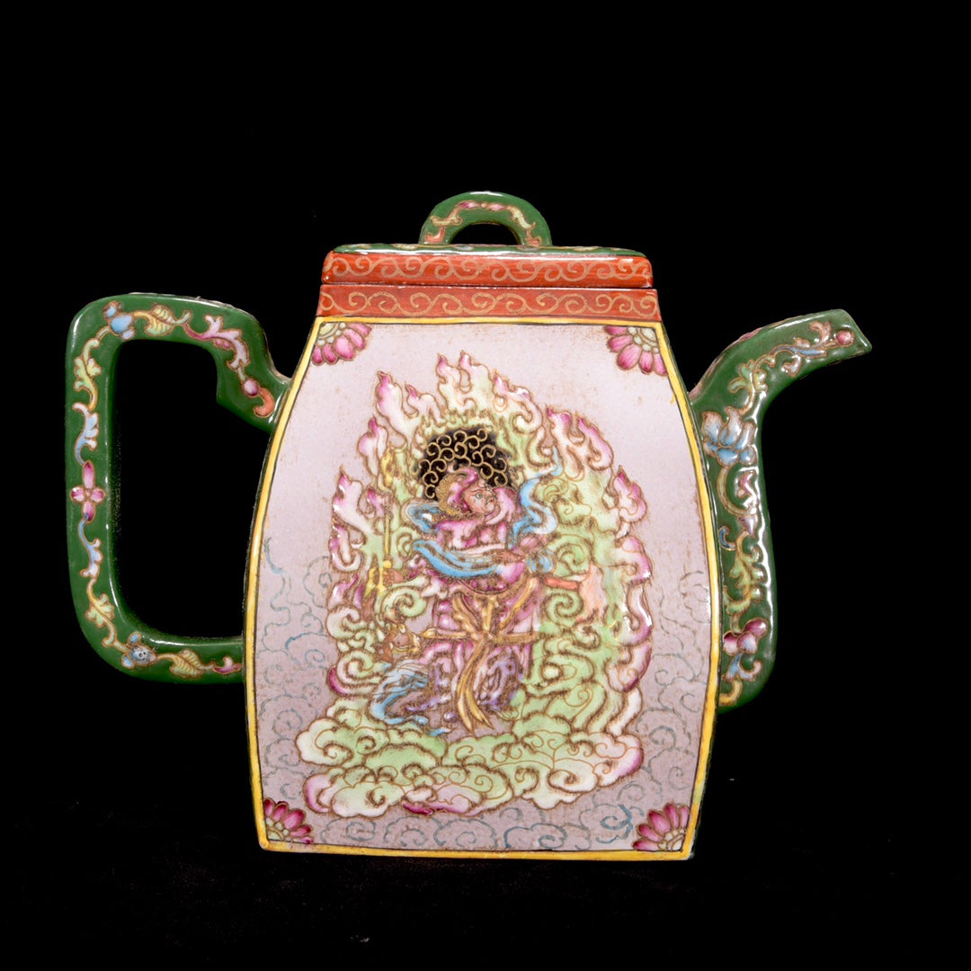 A1734 Chinese Famille Rose Yixing Zisha Clay Figure Design Teapot w Artist Signed