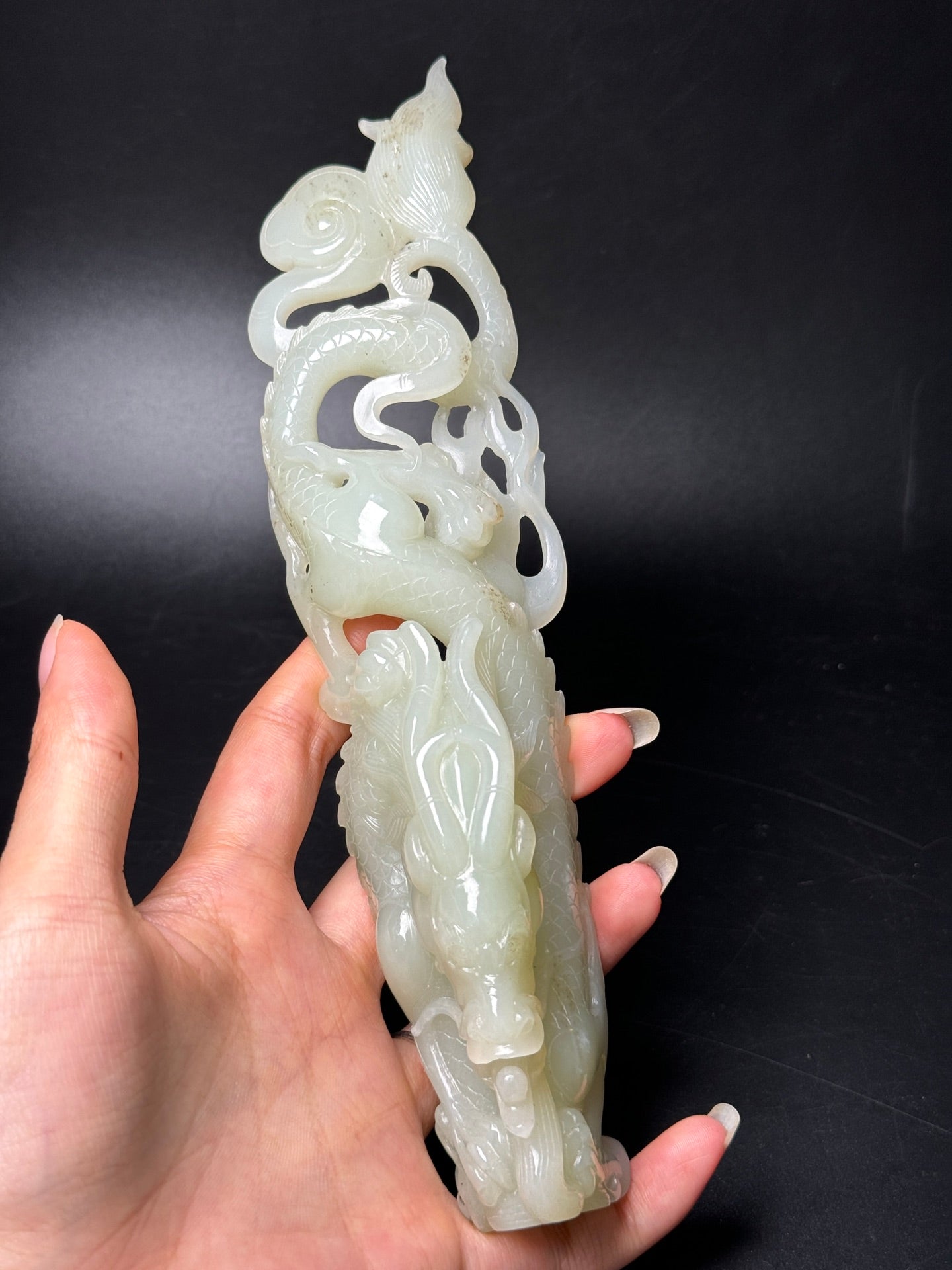 A1738 Superb Chinese Hetian Jade Carved Fortune Dragon Statue