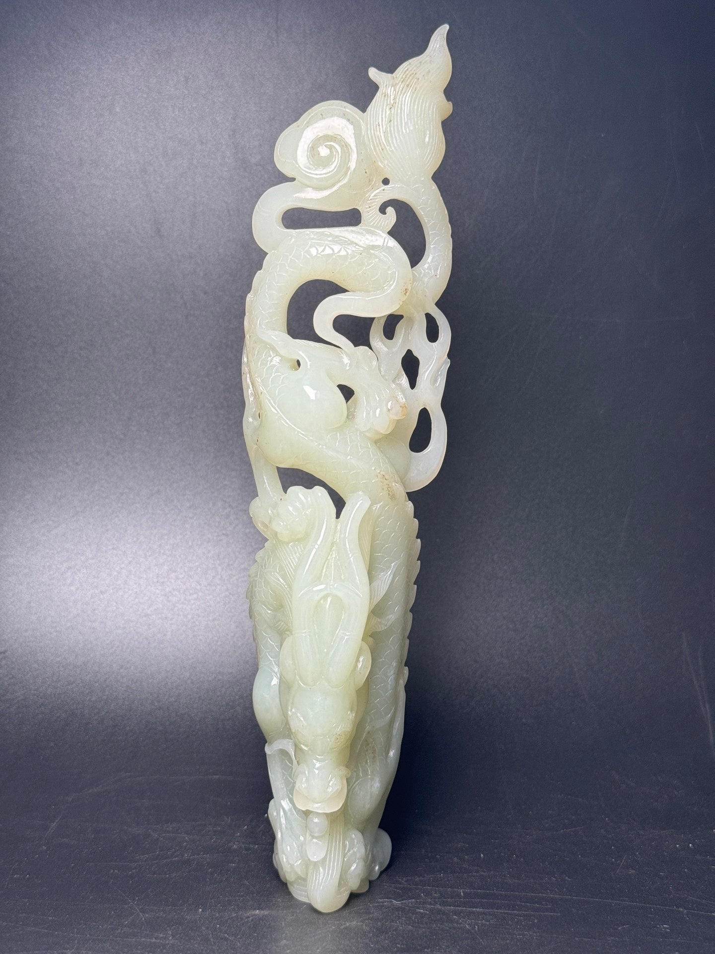 A1738 Superb Chinese Hetian Jade Carved Fortune Dragon Statue