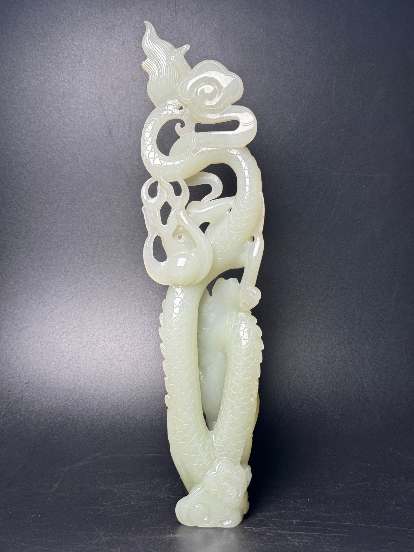 A1738 Superb Chinese Hetian Jade Carved Fortune Dragon Statue