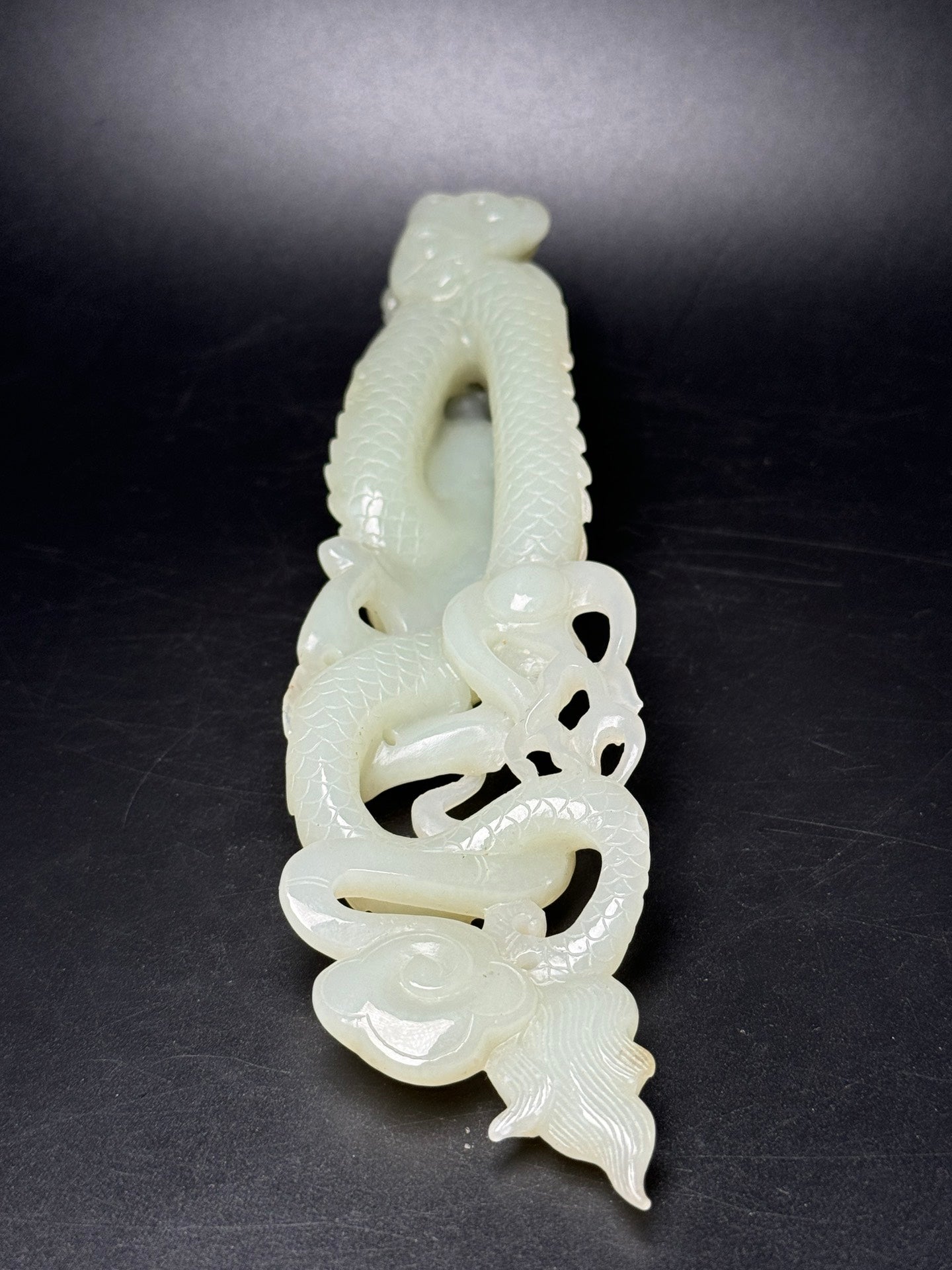 A1738 Superb Chinese Hetian Jade Carved Fortune Dragon Statue