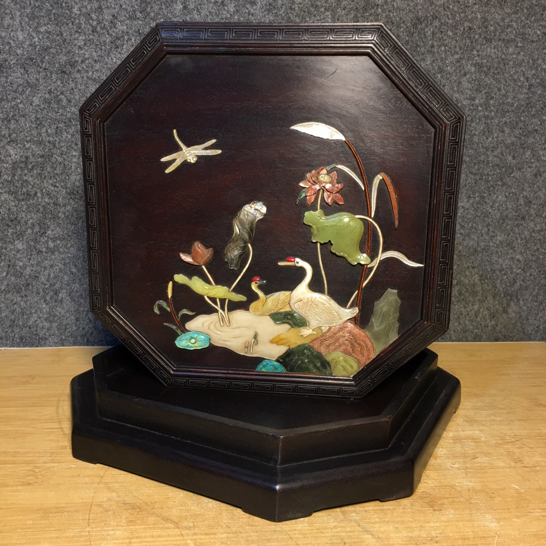 A1739 Chinese Zitan Wood Inlay Shoushan Stone Swan & Lotus Leaf & Lotus Flower Design Jewellery Box
