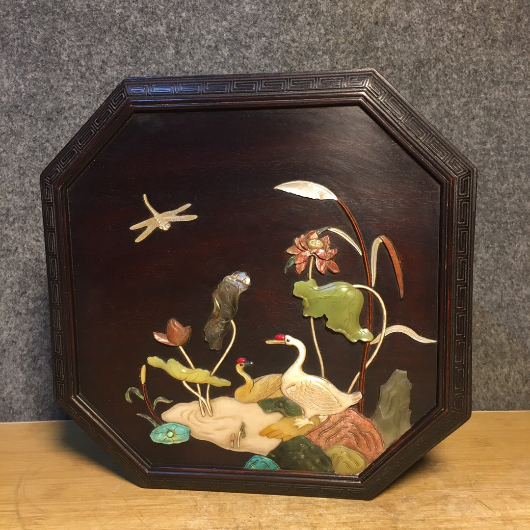 A1739 Chinese Zitan Wood Inlay Shoushan Stone Swan & Lotus Leaf & Lotus Flower Design Jewellery Box