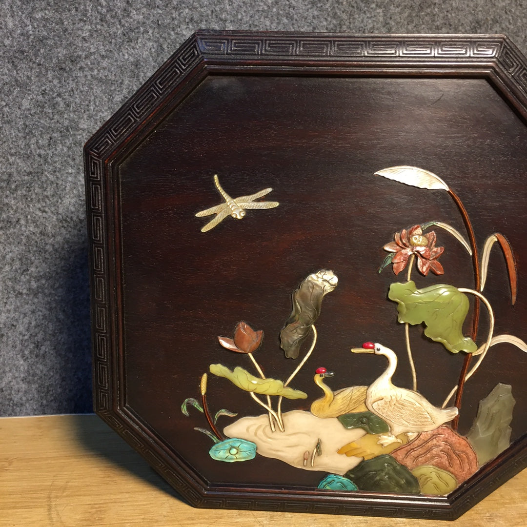 A1739 Chinese Zitan Wood Inlay Shoushan Stone Swan & Lotus Leaf & Lotus Flower Design Jewellery Box
