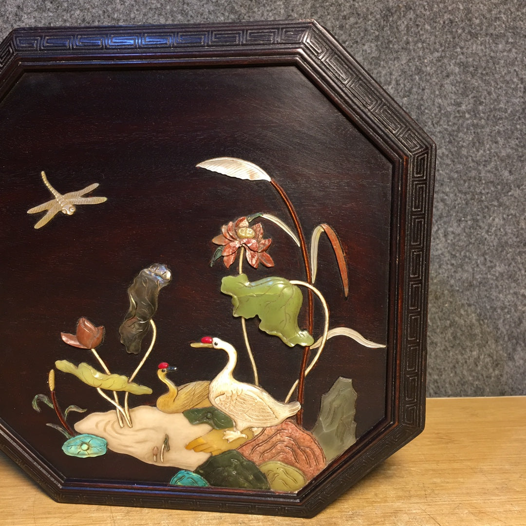 A1739 Chinese Zitan Wood Inlay Shoushan Stone Swan & Lotus Leaf & Lotus Flower Design Jewellery Box