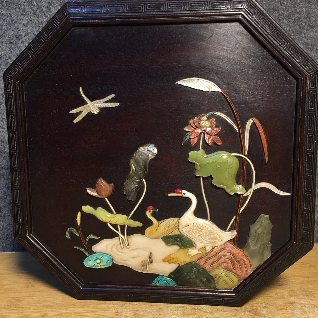 A1739 Chinese Zitan Wood Inlay Shoushan Stone Swan & Lotus Leaf & Lotus Flower Design Jewellery Box