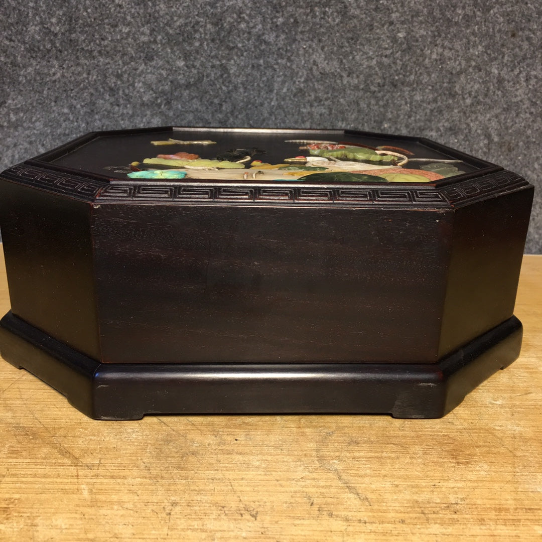 A1739 Chinese Zitan Wood Inlay Shoushan Stone Swan & Lotus Leaf & Lotus Flower Design Jewellery Box