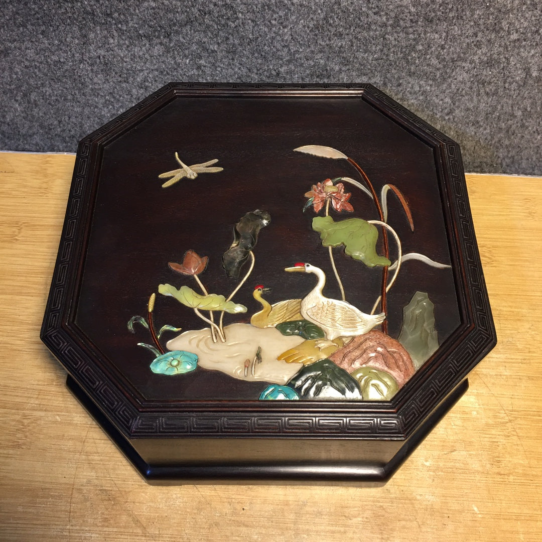 A1739 Chinese Zitan Wood Inlay Shoushan Stone Swan & Lotus Leaf & Lotus Flower Design Jewellery Box