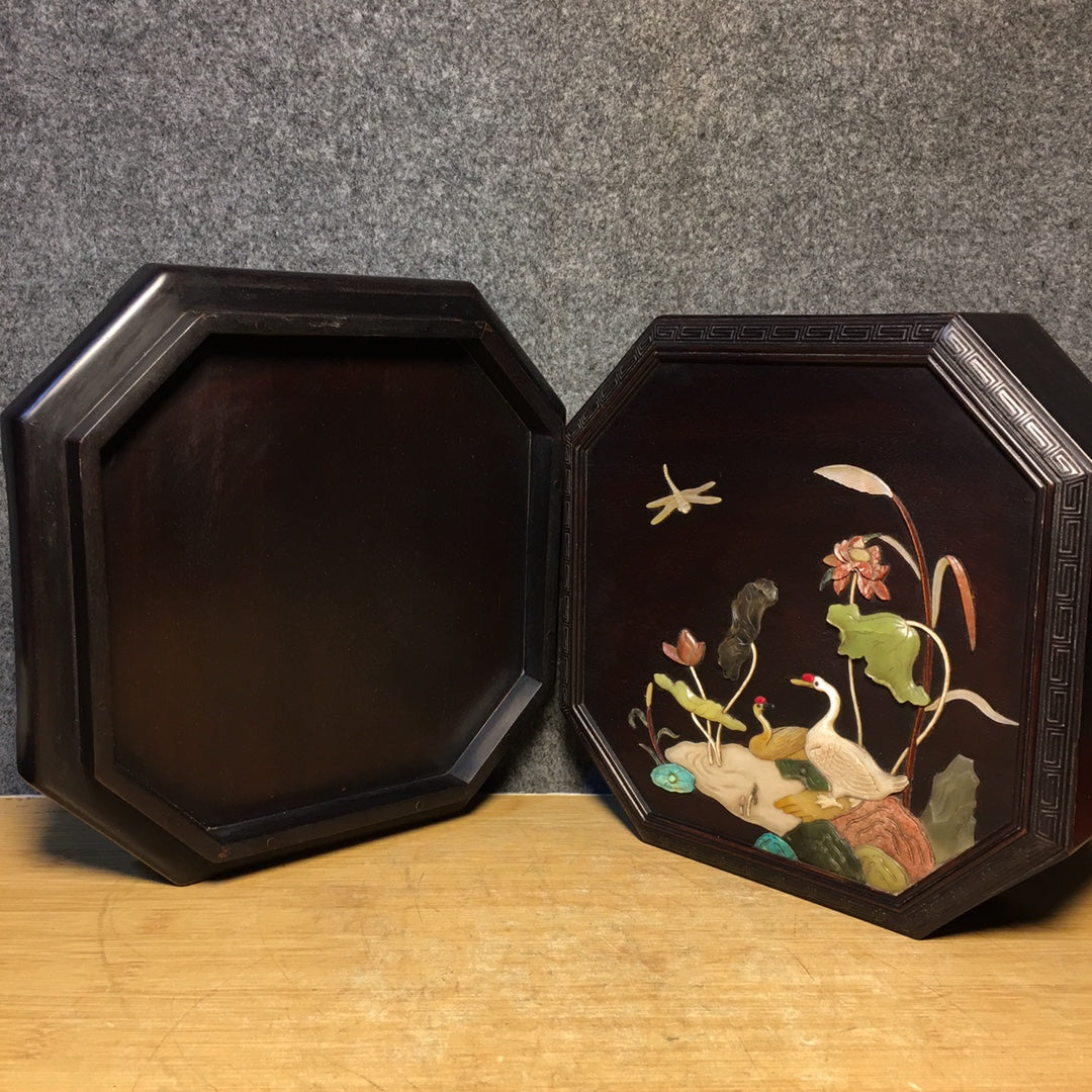 A1739 Chinese Zitan Wood Inlay Shoushan Stone Swan & Lotus Leaf & Lotus Flower Design Jewellery Box
