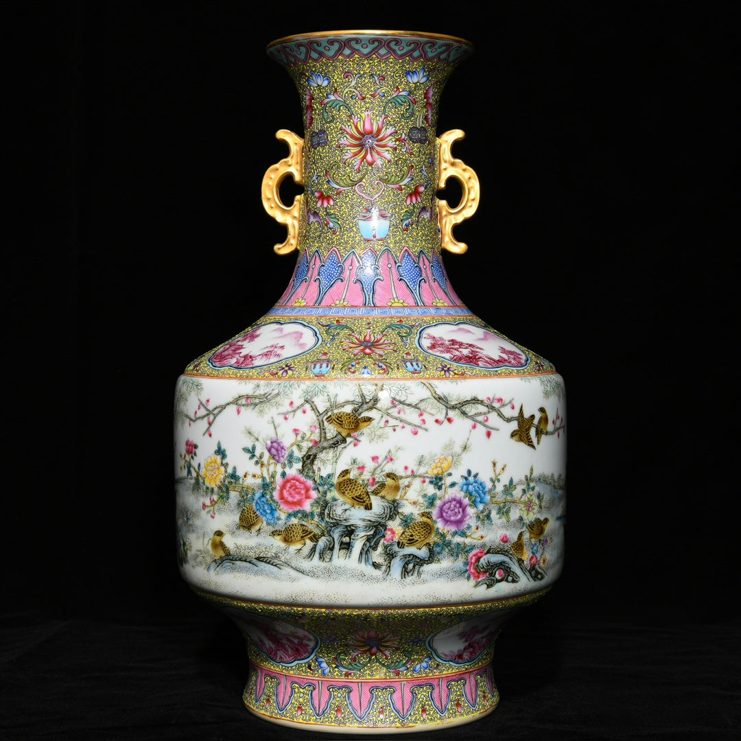 A1741 Chinese Qing Dynasty Gilt Edge Famille Rose Flowers Bird Design Porcelain Vase