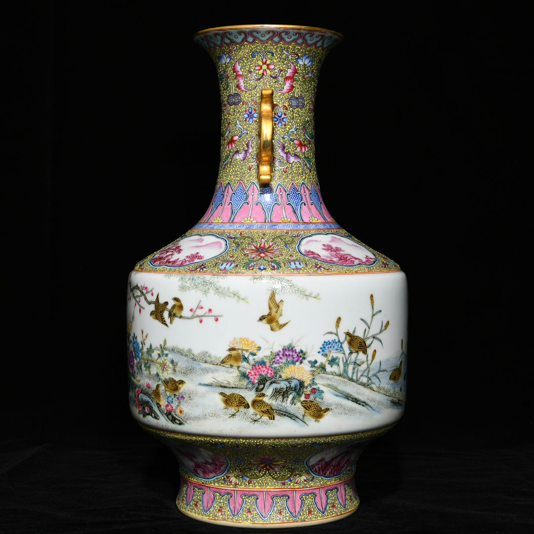 A1741 Chinese Qing Dynasty Gilt Edge Famille Rose Flowers Bird Design Porcelain Vase