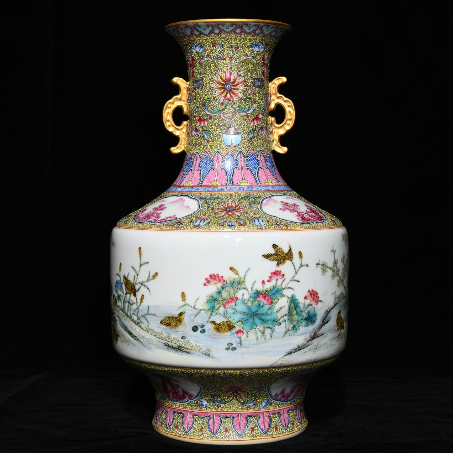 A1741 Chinese Qing Dynasty Gilt Edge Famille Rose Flowers Bird Design Porcelain Vase