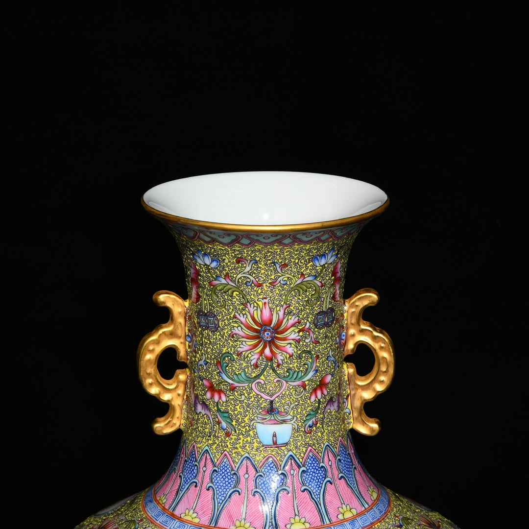 A1741 Chinese Qing Dynasty Gilt Edge Famille Rose Flowers Bird Design Porcelain Vase