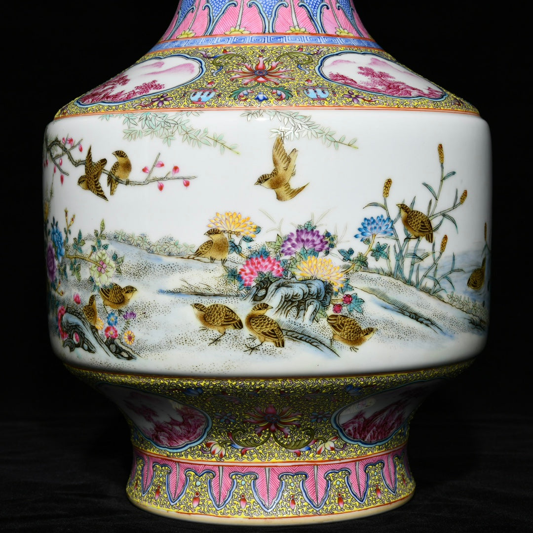 A1741 Chinese Qing Dynasty Gilt Edge Famille Rose Flowers Bird Design Porcelain Vase