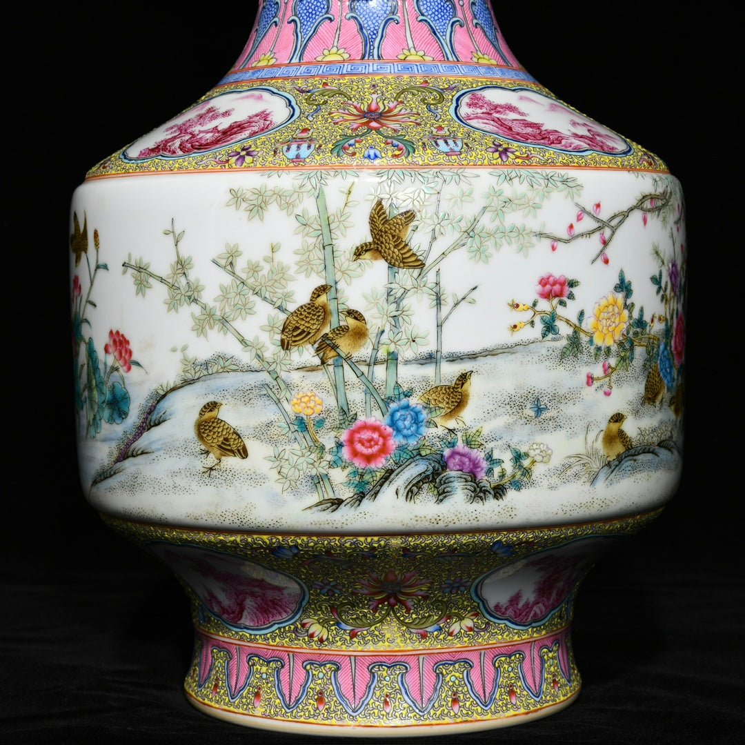 A1741 Chinese Qing Dynasty Gilt Edge Famille Rose Flowers Bird Design Porcelain Vase