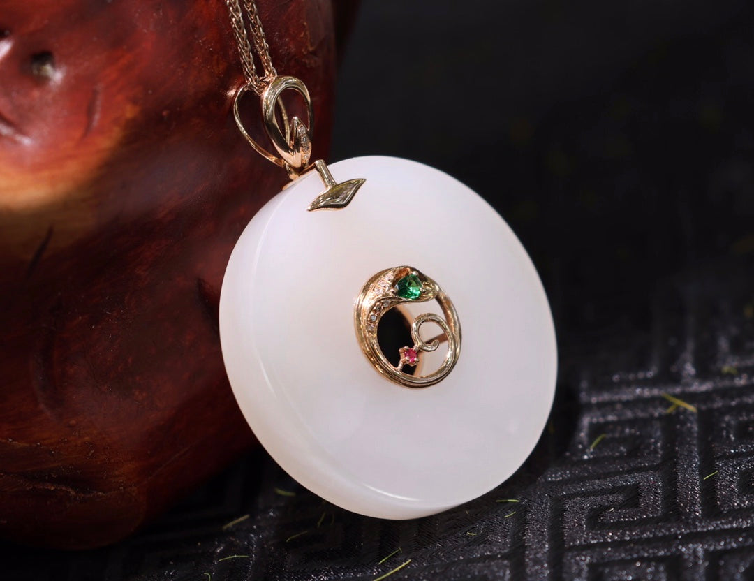 A1745 Exquisite 18K Gold Inlay White Hetian Jade Lucky Pendant