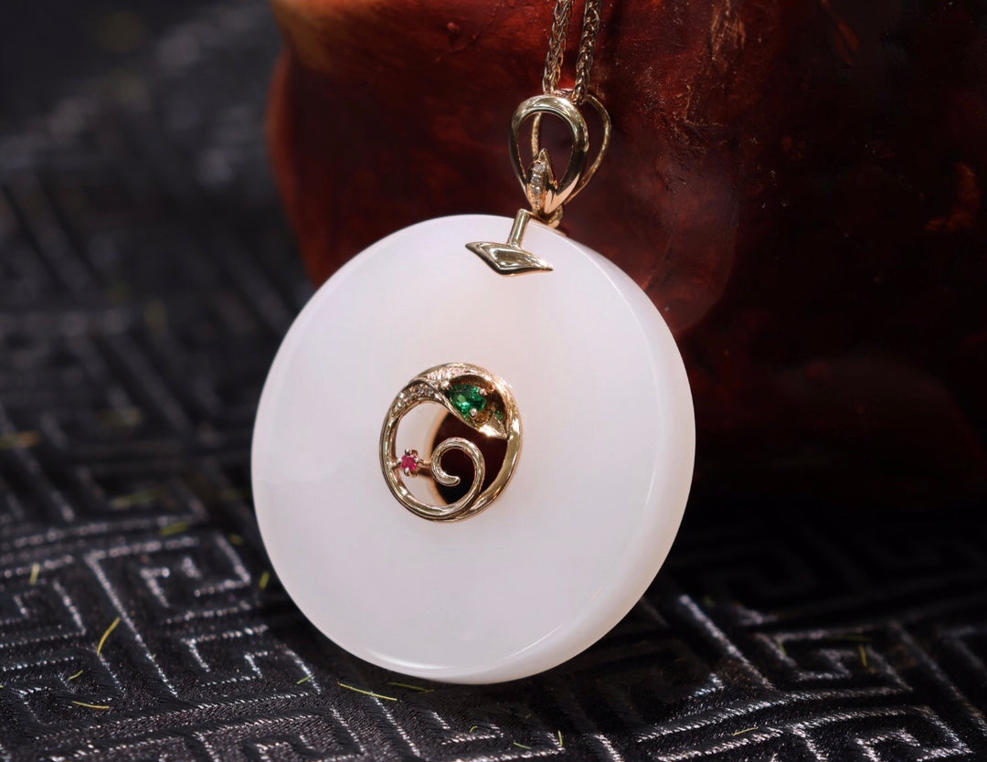 A1745 Exquisite 18K Gold Inlay White Hetian Jade Lucky Pendant