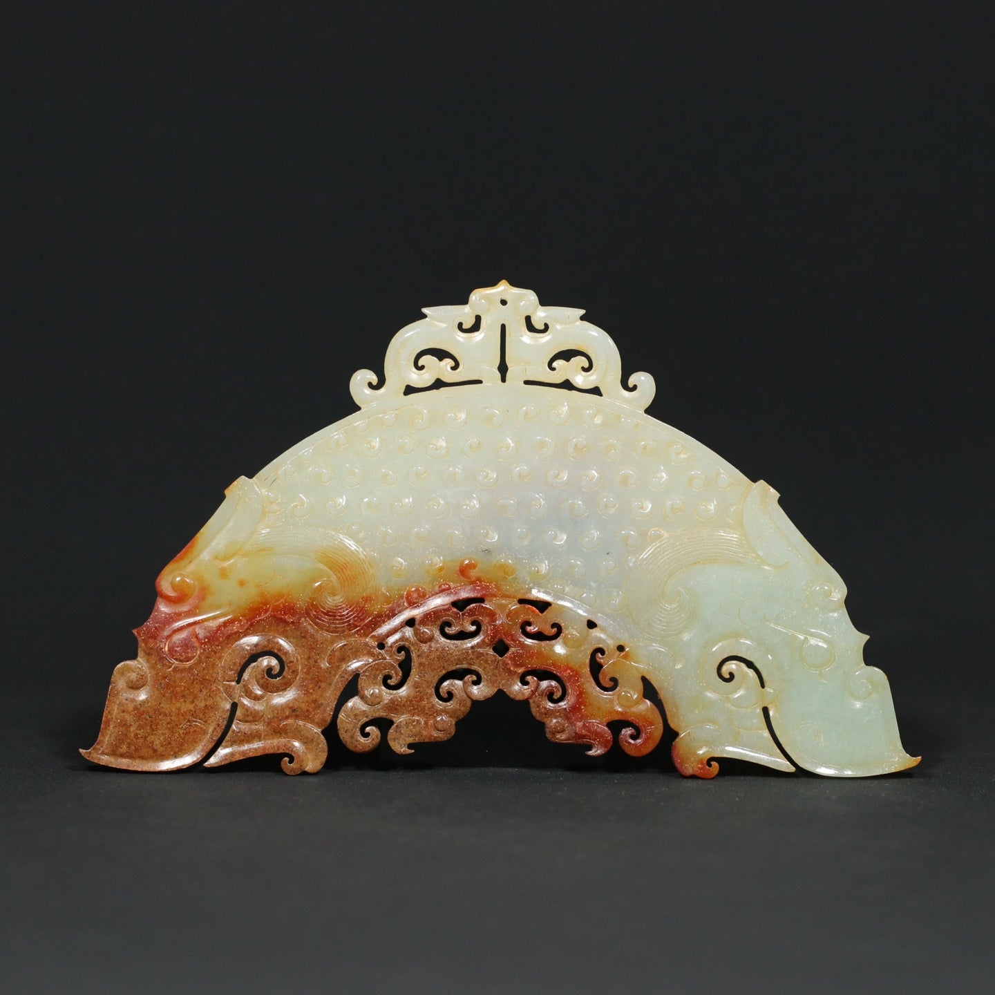 A1801 Vintage Chinese Hetian Jade Double Dragon Head Semicircle Jade Bi