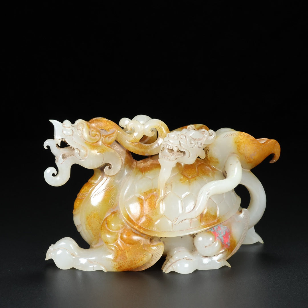 A1805 Superb Chinese Hetian Jade Carved Dragon Turtle Statue
