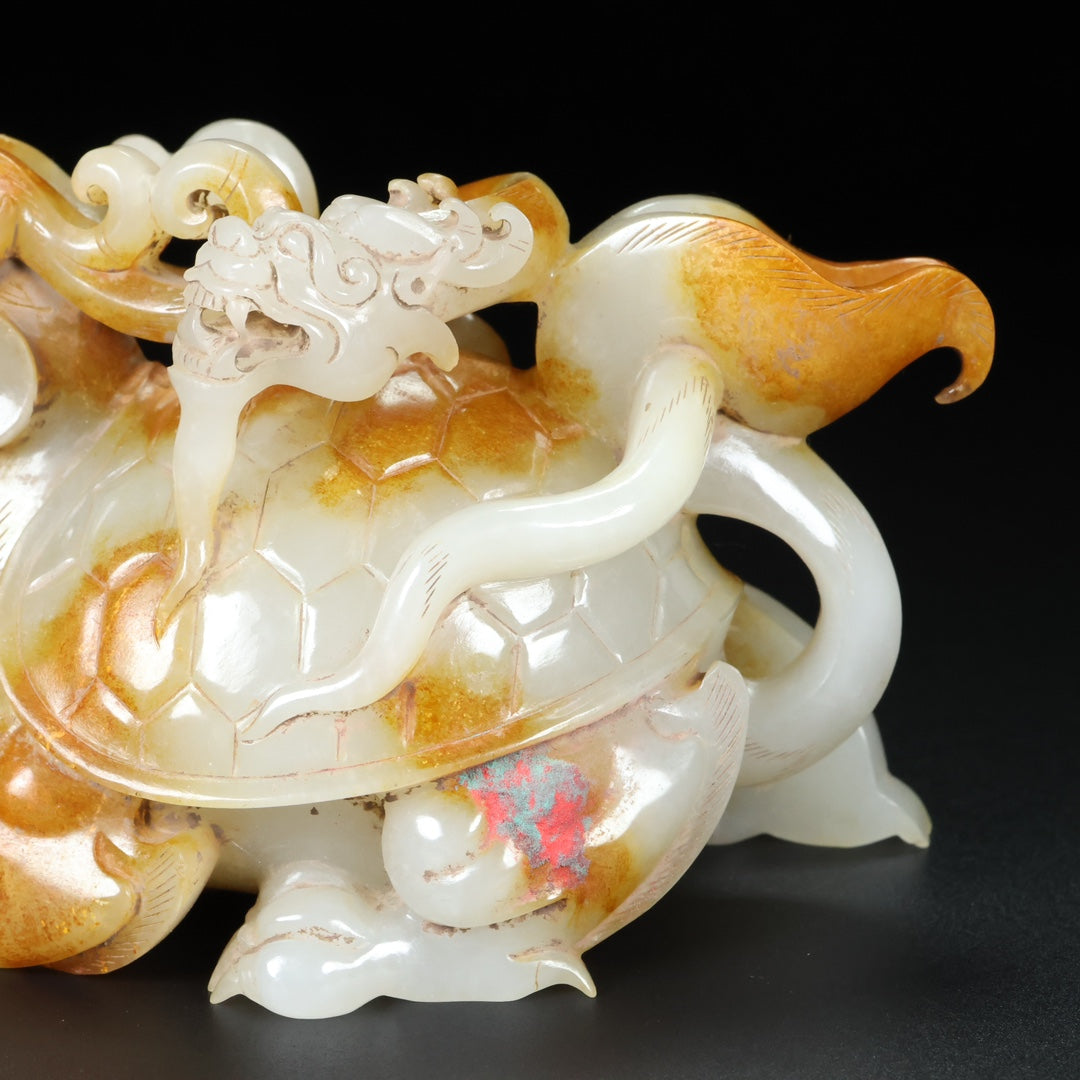 A1805 Superb Chinese Hetian Jade Carved Dragon Turtle Statue