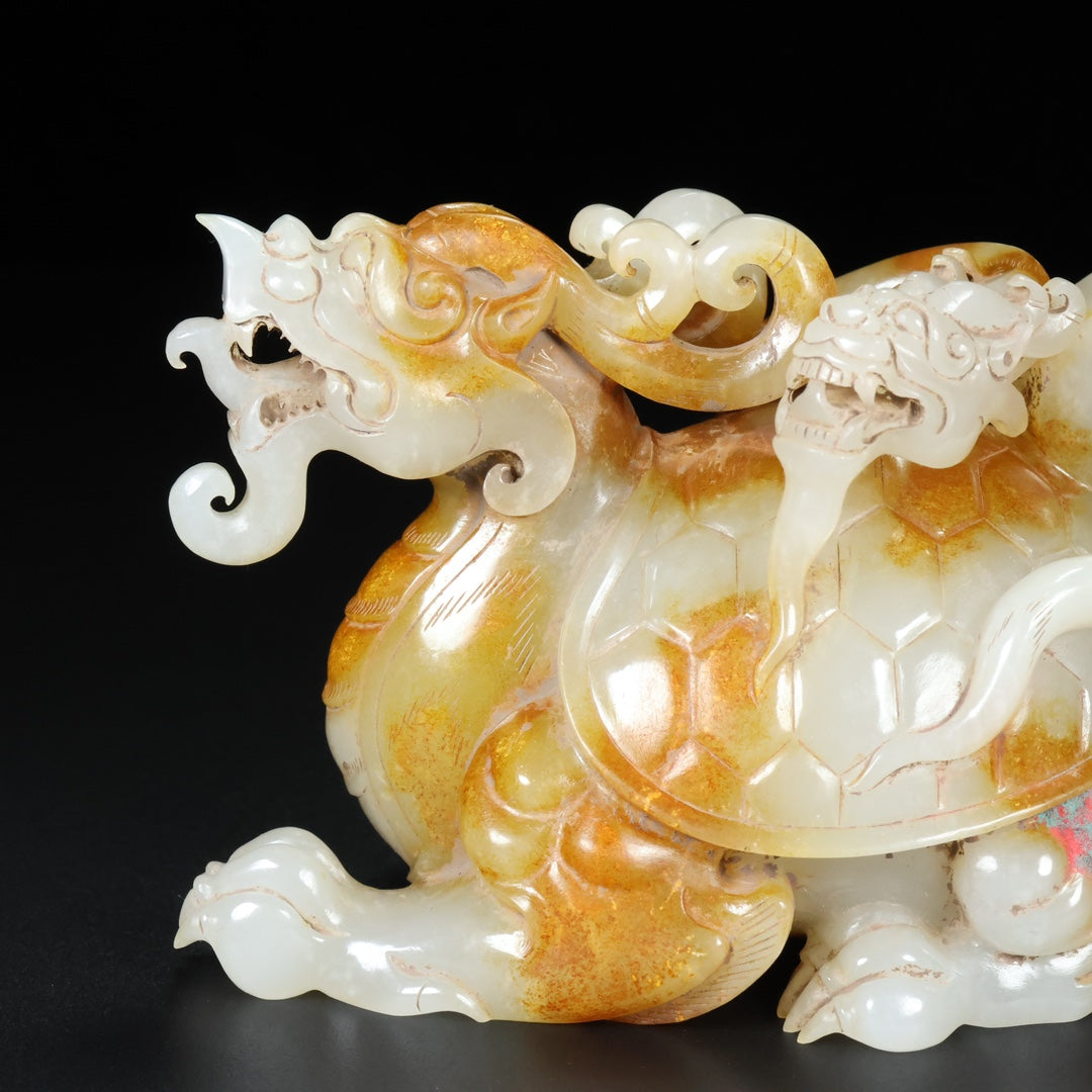 A1805 Superb Chinese Hetian Jade Carved Dragon Turtle Statue