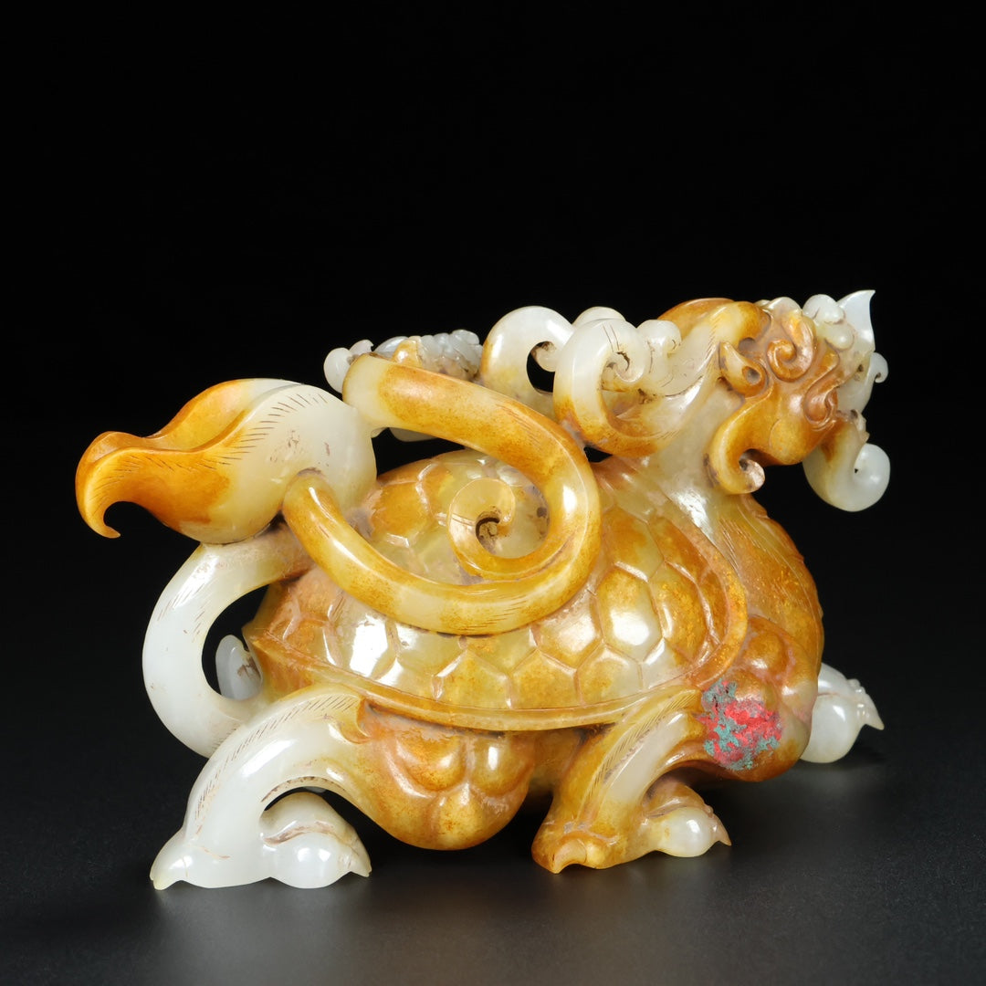 A1805 Superb Chinese Hetian Jade Carved Dragon Turtle Statue