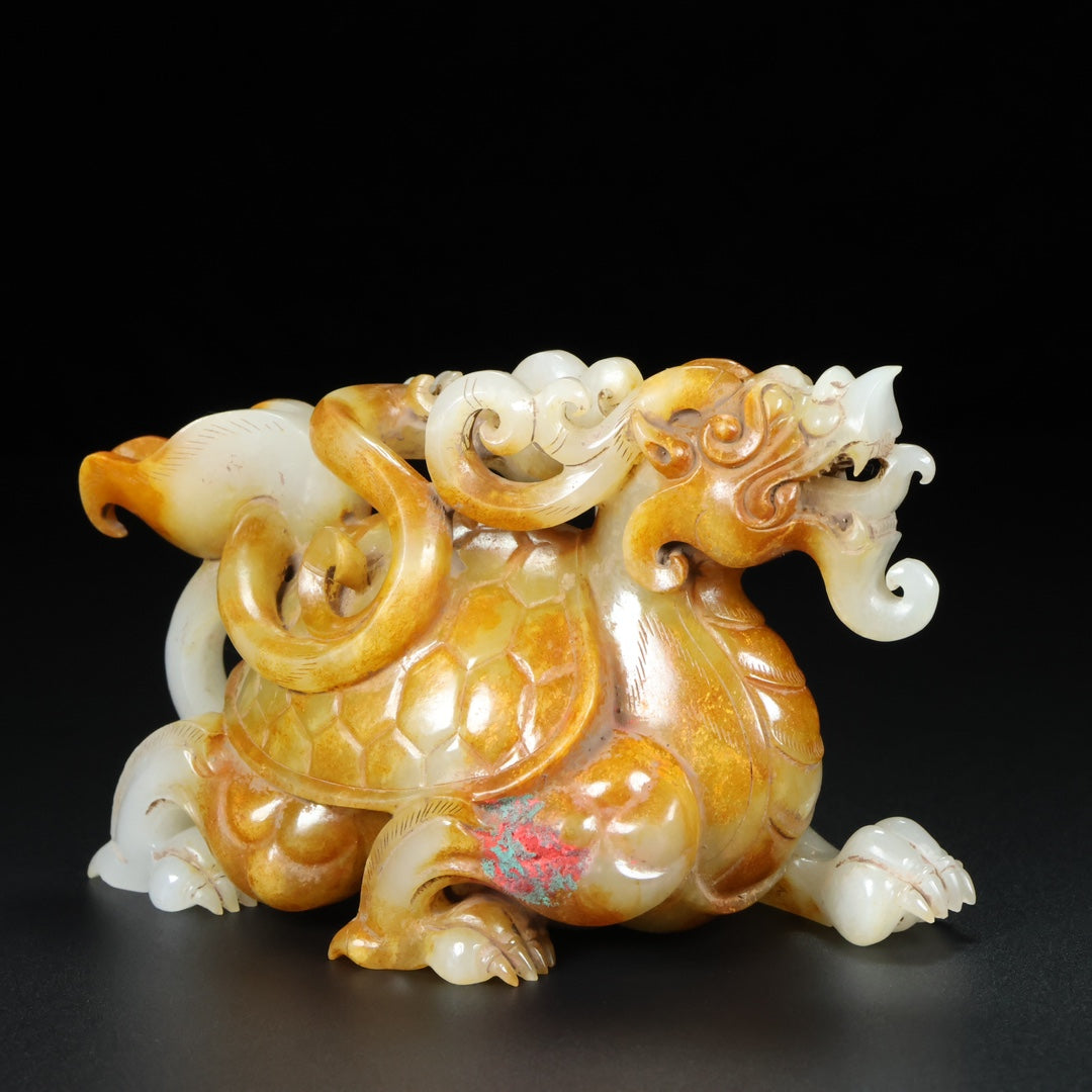 A1805 Superb Chinese Hetian Jade Carved Dragon Turtle Statue