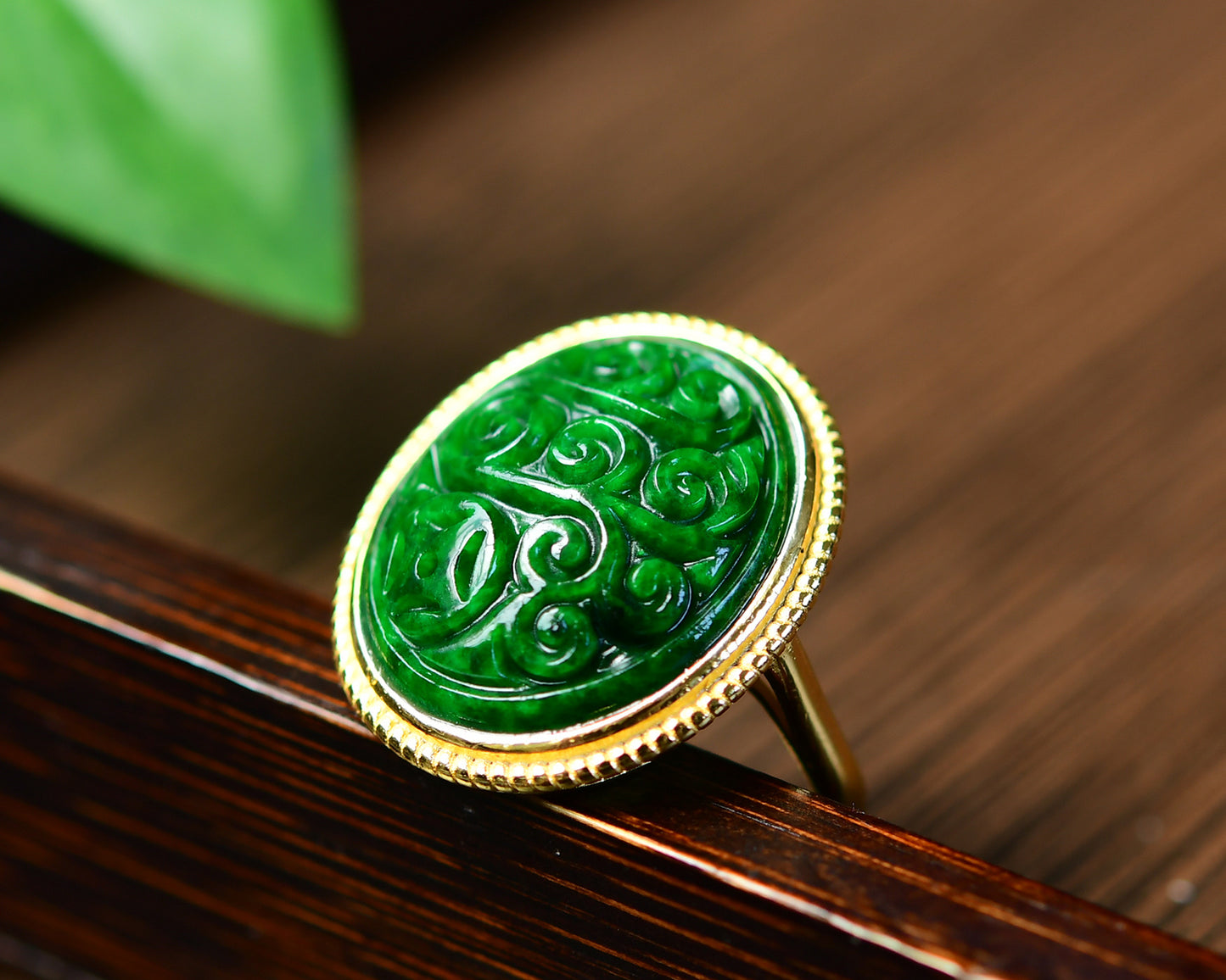 A1808 Exquisite Silver Plated Gilt Gold Inlay Jadeite Ring